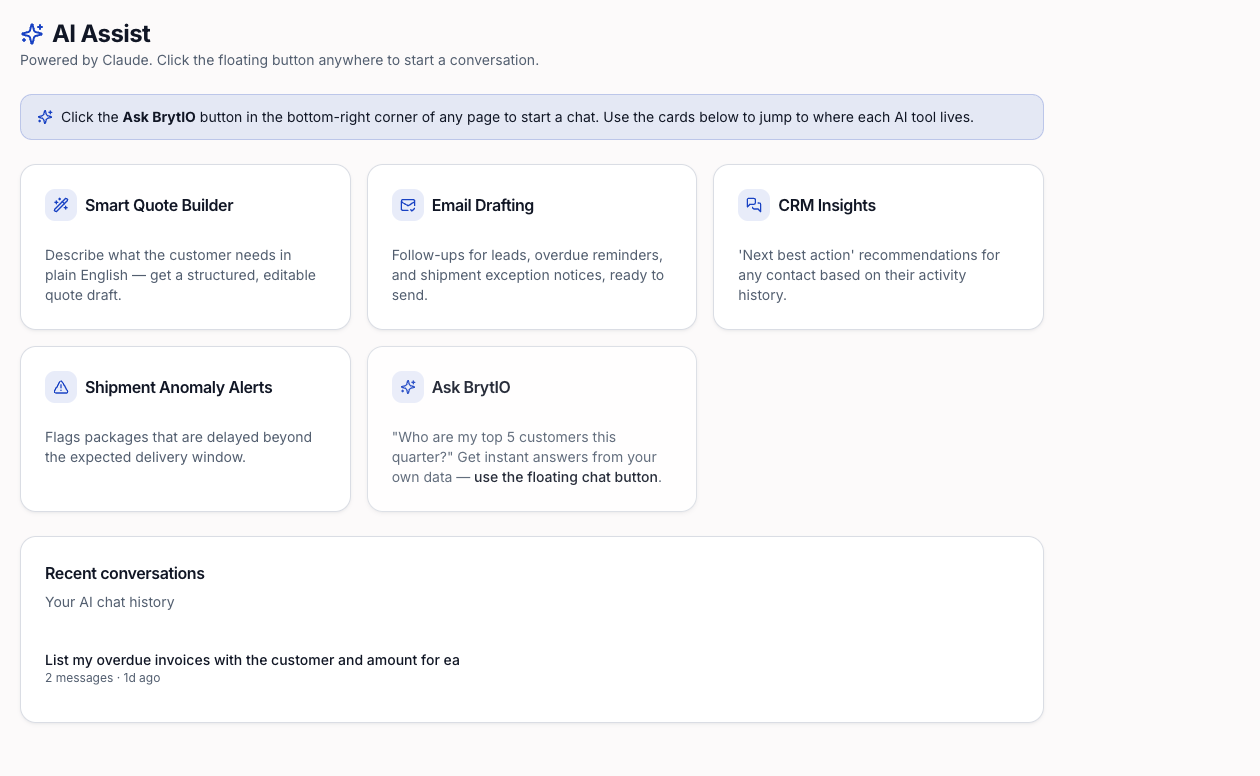 BrytIO AI Assist: quote drafting, email drafting, and answers grounded in your own data