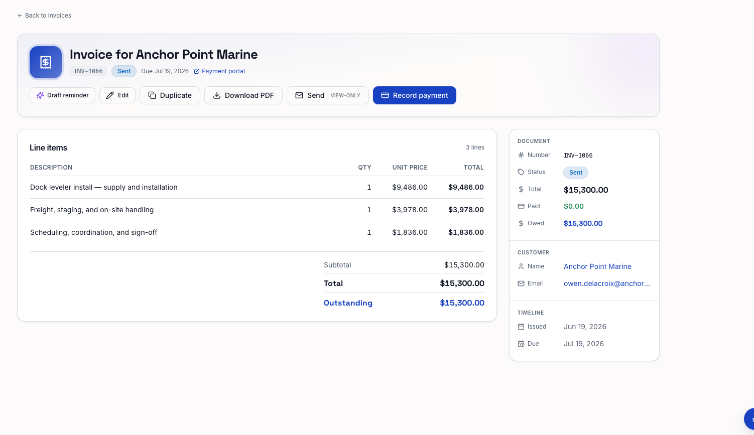 A BrytIO invoice: itemized lines, totals, and payment status