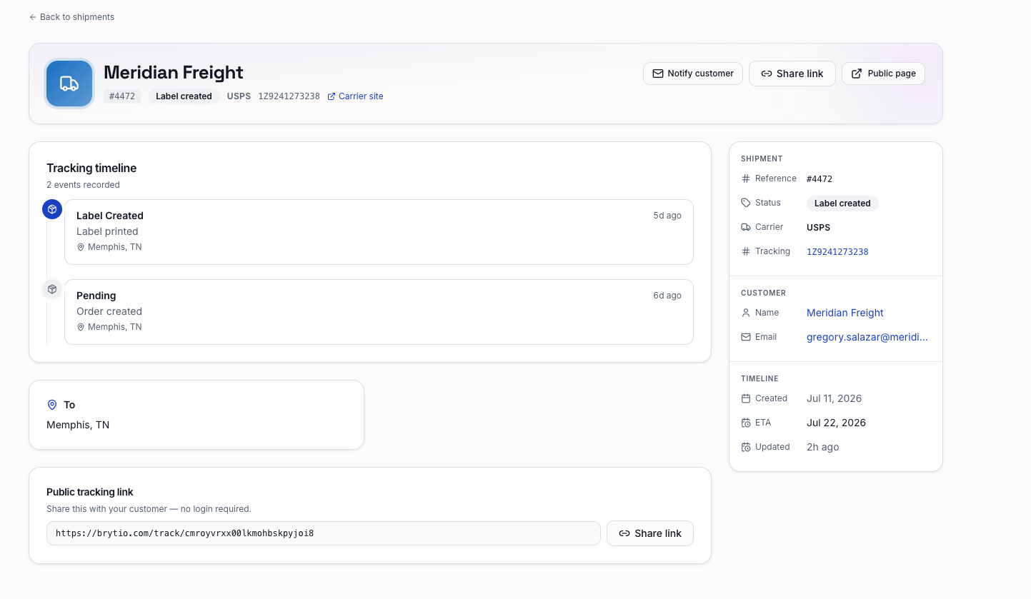 A BrytIO shipment: carrier tracking timeline and a branded public tracking link the customer can open